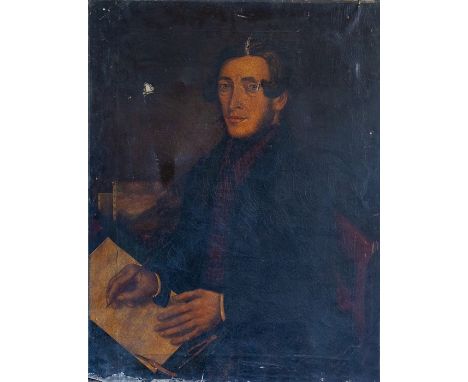 British School, mid 19th Century, portrait of an artist, three quarter length, in a dark coat and red check waistcoat, sketch