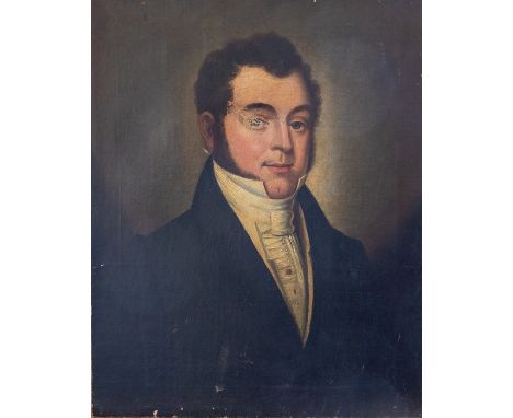 British School, circa 1840, portrait of a young gentleman, half length in a dark coat and white stock, oil on canvas 51 by 41