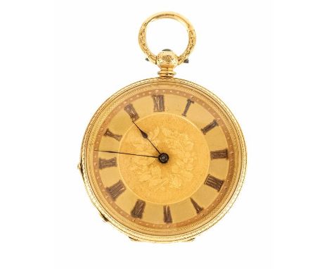 An 18K Continental double key wind Pocket Watch, the engine-turned case engraved floral border, gilt dial engraved floral wre