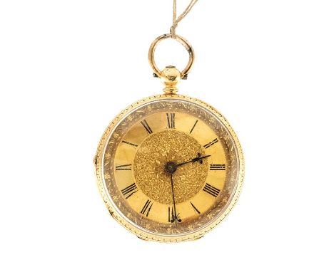 An Victorian 18ct Pocket Watch, with engine-turned case, gilt floral      scroll engraved dial, engine-turned chapter ring wi