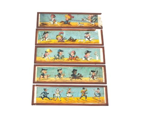 Collection of 14 Victorian coloured glass magic lantern slides, including slides depicting Grimaldi-like clowns, fairies, gro