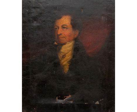 Circle of Thomas Phillips, portrait of a gentleman, half length in a dark coat and white stock, oil on canvas,, 76 by 63cm, u