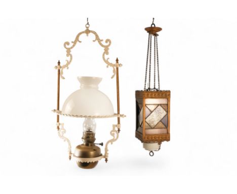 A late 19th century hall lantern - square with stained glass panels and fitted with an oil lamp, 37cm high, together with ano