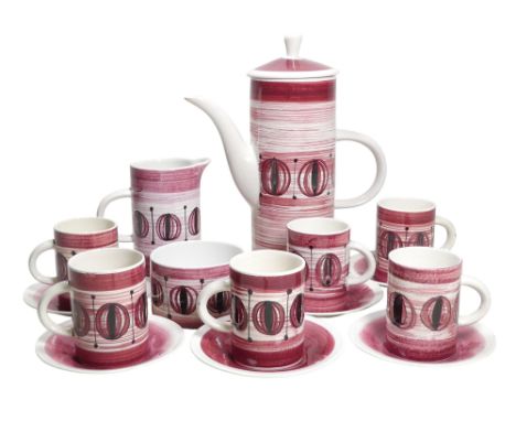 A mid century Rye Monastery Cinque Ports pottery part coffee service - decorated in red and white, for six place settings.