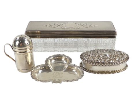 A small muffin top shaker - Birmingham 1894, together with an oval patch box, a silver club shaped dish and a silver topped g