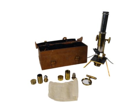 An early 20th century field microscope by J Swift &amp; Son London - lacquered brass with rack-and-pinion focusing, substage 