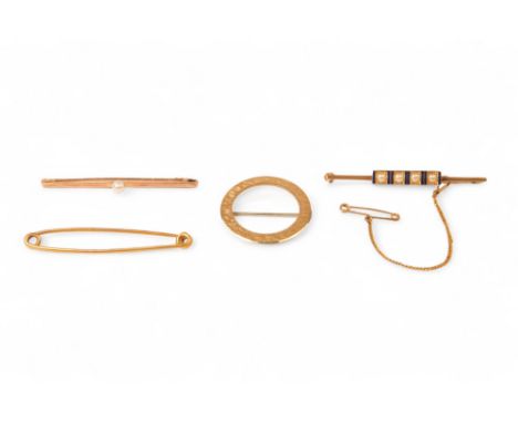 A 9ct pearl set bar brooch - the four pearls set between blue enamel lines, together with two further bar brooches and an ann