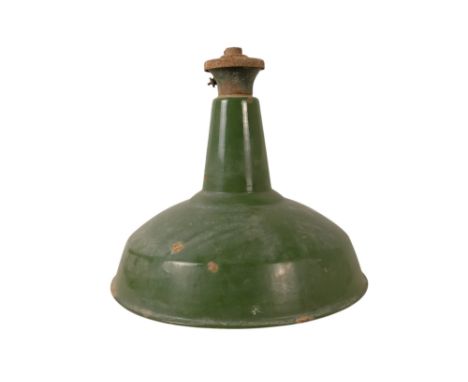 A vintage green enamel industrial lamp shade - with white interior, 45cm diameter.