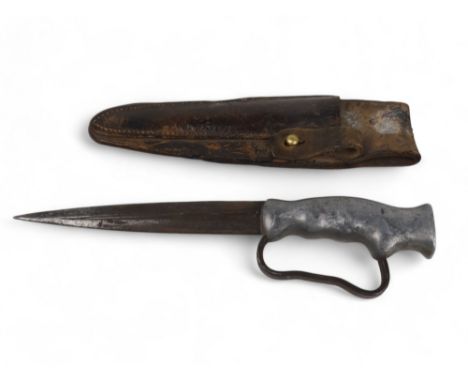 Robbins of Dudley WWI trench knife - with original brown leather scabbard, the double-edged blade set into cast aluminium knu