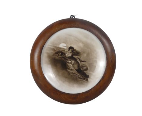 A Royal Worcester plaque - sepia decorated in the manner of I Rushden, the reclining figure with a cherub and bat, within a w