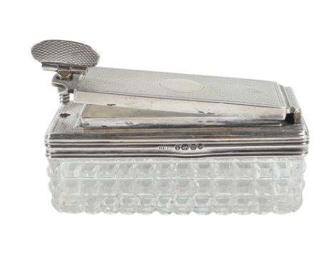 A silver mounted glass inkwell - London 1839, rectangular with a hobnail cut and an engine turned screw-down cover.