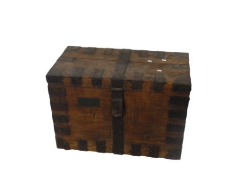 A late 19th century oak and steel bound silver trunk - rectangular with re-enforced corners and bail handles, on later Shephe