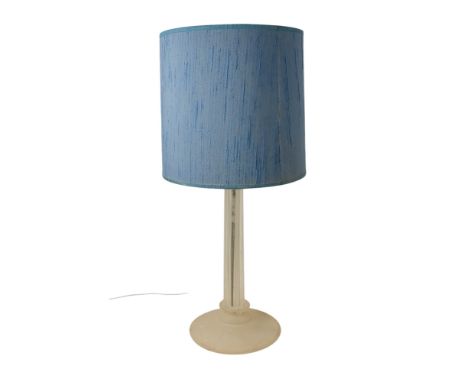 A late 20th century table lamp - clear and frosted glass in the form of a cluster column, with a contemporary blue silk shade