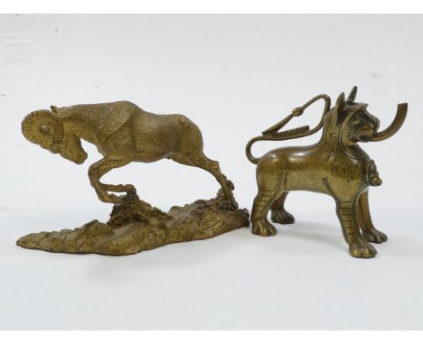A cast bronze figure of a mountain goat - after P J Mene, mounted on a naturalistic base, 8cm high, together with a model of 