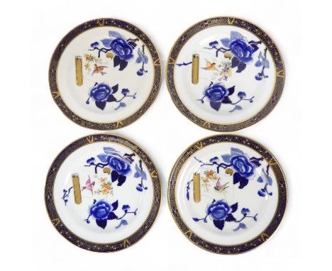 Four Worcester plates - decorated in chinoiserie style with flowers and birds, date code for 1889, 17cm diameter.