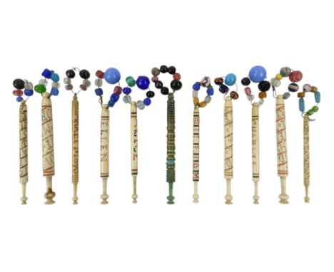 Ten various turned bone lace maker's bobbins - engraved with various religious and emotional sentiments, together with a gree