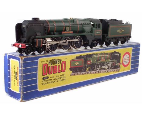 Hornby Dublo boxed 4-6-2 S.R. West Country locomotive Dorchester and Tender, model number 3235. No condition reports for this