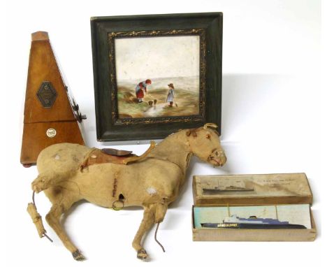 Prince Albert model and boxed toy boat, automated toy horse, metronome and Minton's painted and framed tile. No condition rep