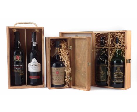 KWV Late Bottled Vintage 1930 Muscadel in wood case, also a Harveys Madeira two bottle set and a Taylors and Grahams 1997 two