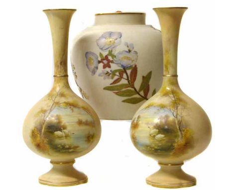 A pair of Graingers Worcester vases painted with swans and also a Royal Worcester pot pourri vase base No condition reports f