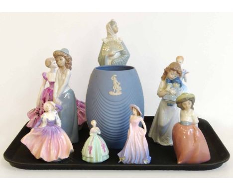 Royal Doulton Happy Birthday, three Coalport ladies, four Nao Figures, and a Wedgwood Jasperware vase. No condition reports f