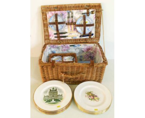 Wicker picnic set with "Venice" pattern cups & saucers by "Life's A Picnic", 6 Spode plates with fruit decoration and 6 Wedgw