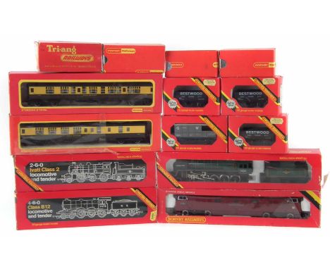 Boxed Horby OO Gauge trains and rolling stock, to include R.150 LNER Loco B12/3 Class, R.857, BR Loco IVATT Class 2, R.065 BR