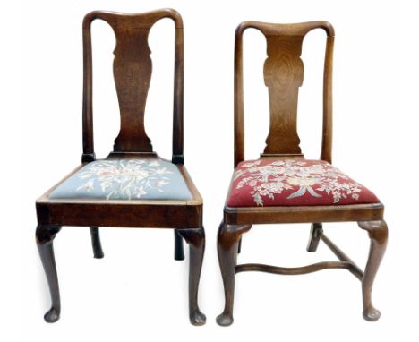 Two early 18th century Queen Anne style mahogany framed single dining chairs, each with vase shaped splat back, drop-in tapes