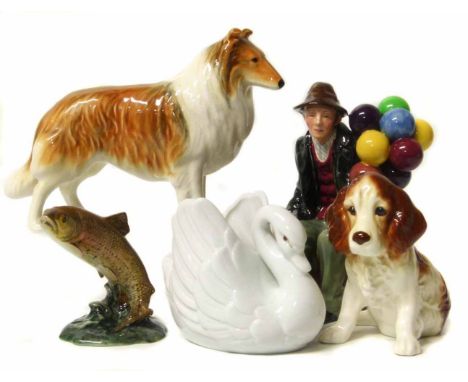 Beswick Trout, Royal Doulton Balloon Seller, Sylvac dog and one other model together with a swan vase. No condition reports f