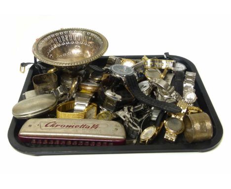 Collection of watches and silver plate, also a "Chrometta 14" M. Hohner harmonica. No condition reports for this sale.