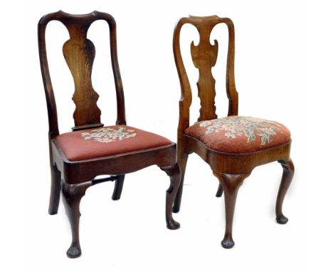 Two early 18th century Queen Anne style dining chairs, one mahogany with vase shaped splat back, drop-in seat, cabriole forel