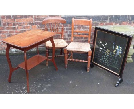 Two rush seated country chairs, mahogany occasional table and firescreen inset with Peacock. No condition reports for this sa