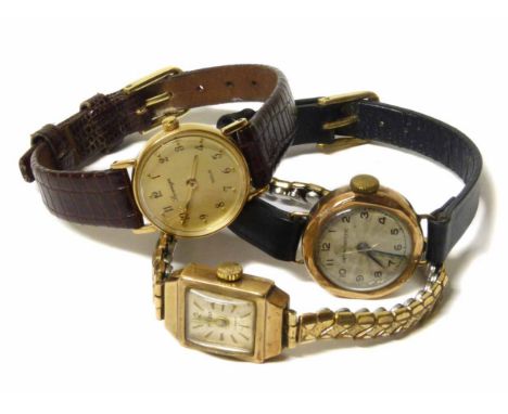 Three ladies 9ct gold wristwatches, including a modern sovereign watch and two vintage watches No condition reports for this 
