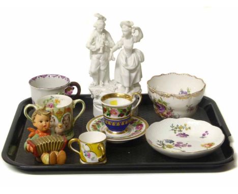 Collection of 18th/19th century  German and French porcelain, also a Royal Crown Derby Tyg and a Hummel figure. No condition 