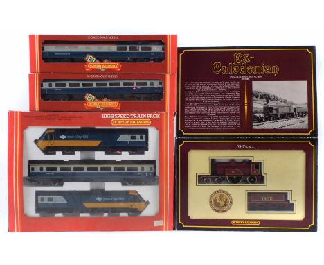 Hornby 00 gauge model railway High Speed Train pack together with two other boxed coaches, also a Ex Caledonian boxed set. No