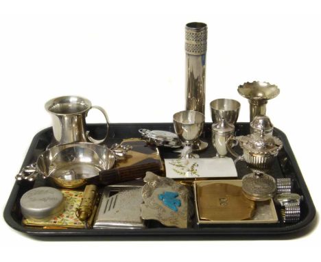 A small quantity of silver plated items to include vases, porringer etc. together with two lighter/cigarette case combo's, th