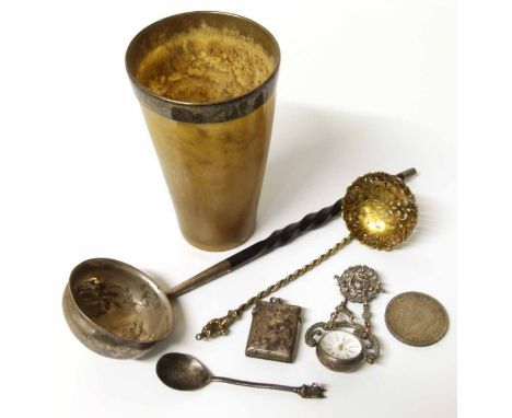 Silver and horn beaker, silver gilt strainer spoon, vesta case, punch ladle and nurses watch. No condition reports for this s