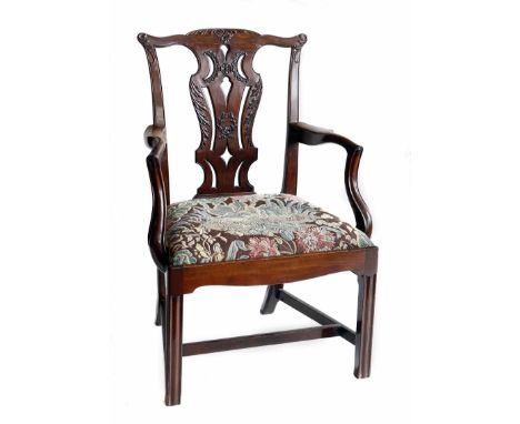 George III mahogany open carver of Chippendale design, cresting rail and pierced splat with moulded decoration, scrolling ope