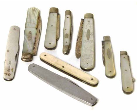 5 assorted silver and mother of pearl fruit knives, one plain silver, a small silver and mother of pearl button hook, and two