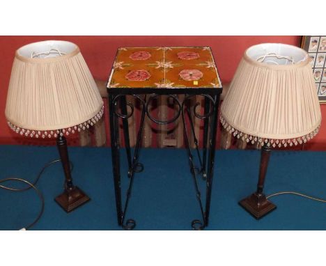 Pair Georgian style candlesticks shaped metal ware table lamps complete with shades and a wrought iron tile-top lamp table. N