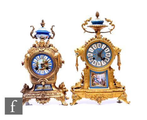 A late 19th Century French gilt mantle clock with eight day striking movement blue enamel Sevres style dial above a panel det
