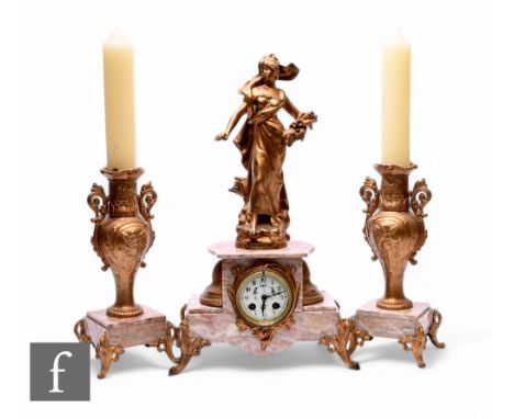 A late 19th to early 20th Century gilt metal mounted marble clock garniture, after Louis Moreau, the clock mounted with an Ar