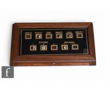 An early 20th Century mahogany cased wall mounted bell service box, with glazed front panel, height 28cm, width 53cm and dept