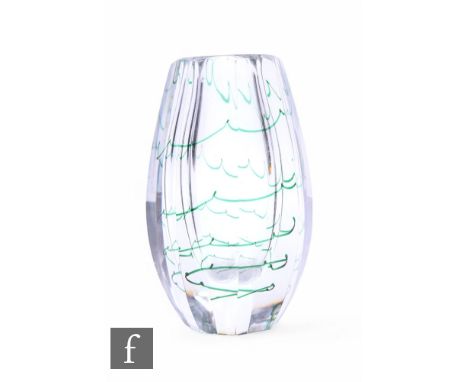 A mid 20th Century Elis Bergh for Kosta heavy clear cased faceted glass vase of swollen form with green internal spiral desig