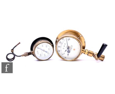 A GWR pressure gauge, brass cased, by Budenberg Manchester, and a similar Mastra gauge by A.J Reeves &amp; Co Birmingham. (2)
