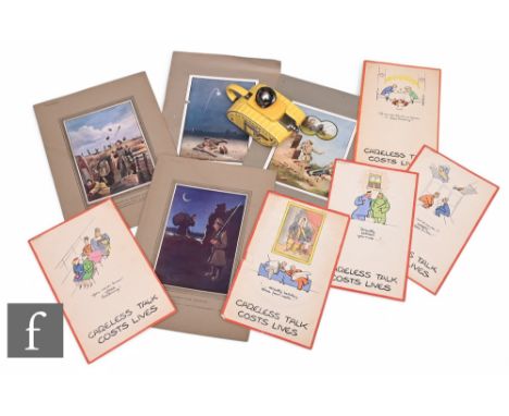 A Sadler type yellow and chrome Old Bill tank teapot and cover, four various Bruce Bainsfather mounted comical prints and nin
