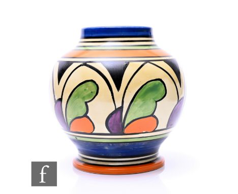 An early Clarice Cliff Double V vase of footed ovoid form with a shallow collar neck circa 1929, hand painted with a deep ban