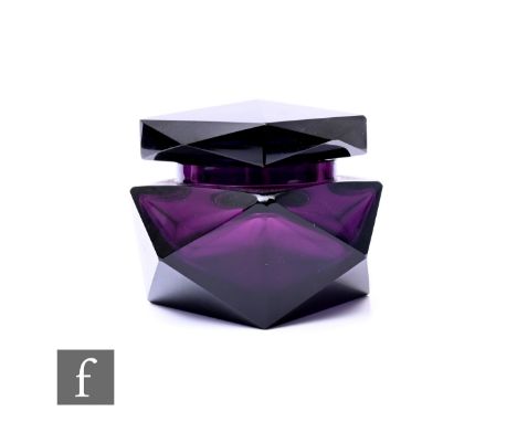 Josef Hoffmann for Moser (attributed), an amethyst glass jar and cover, of square form, each face with rectangular pyramidal 