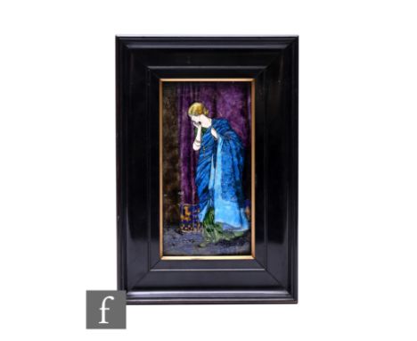 A Limoges enamel on copper plaque, circa 1900, decorated with a lady in blue patterned robes before purple drapes, after the 