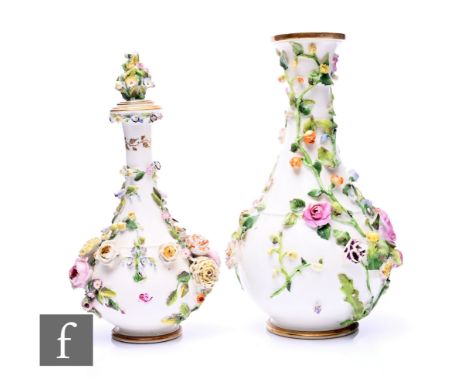 A Rockingham floral encrusted scent flask and stopper, circa 1840, of teardrop form, puce printed marks, height 21.5cm, toget